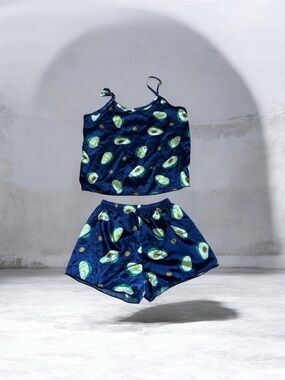 SHEIN Navy Blue Avocado Print Satin Cami and Shorts Pajama Set